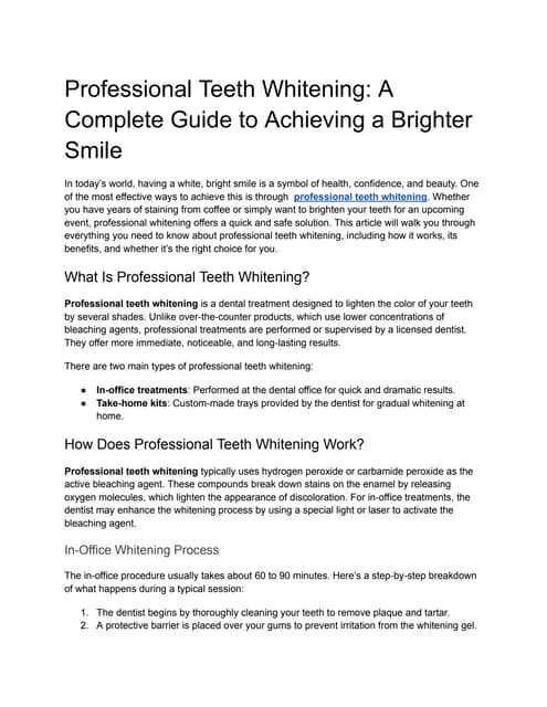 Professional Teeth Whitening: A Complete Guide to Achieving a Brighter Smile | PDF