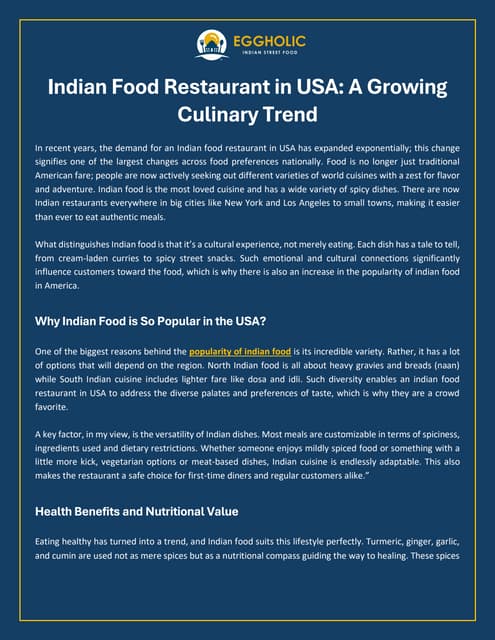 Indian Food Restaurant in USA: A Growing Culinary Trend | PDF